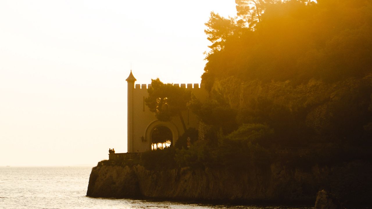 Wallpaper castle, coast, cliffs, sea, sunset