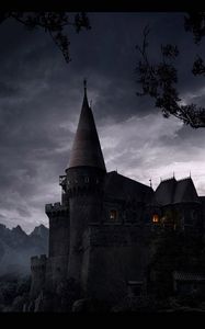 Preview wallpaper castle, eminence, night, light, trees, walls