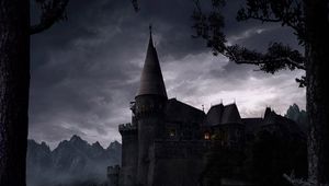 Preview wallpaper castle, eminence, night, light, trees, walls