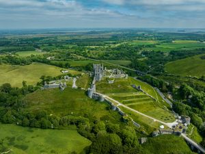 Preview wallpaper castle, fence, ruins, fields, trees, landscape, aerial  view