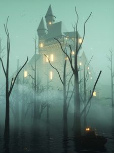 Preview wallpaper castle, fog, trees, water, boat, art