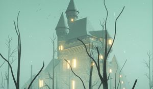 Preview wallpaper castle, fog, trees, water, boat, art