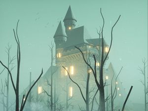 Preview wallpaper castle, fog, trees, water, boat, art