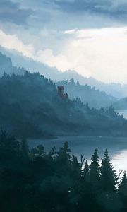 Preview wallpaper castle, forest, fog, art