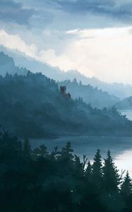 Preview wallpaper castle, forest, fog, art