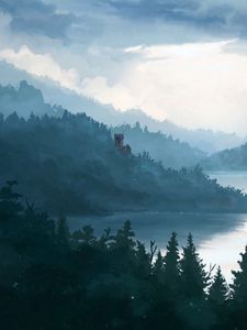 Preview wallpaper castle, forest, fog, art