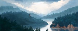 Preview wallpaper castle, forest, fog, art