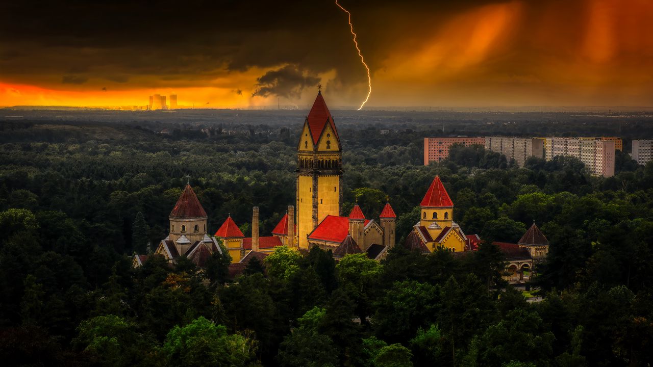 Wallpaper castle, forest, lightning, clouds, dark