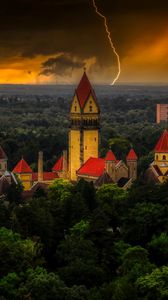 Preview wallpaper castle, forest, lightning, clouds, dark