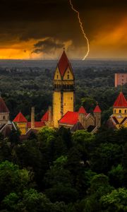 Preview wallpaper castle, forest, lightning, clouds, dark