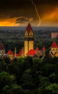 Preview wallpaper castle, forest, lightning, clouds, dark