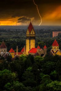 Preview wallpaper castle, forest, lightning, clouds, dark