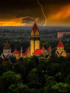 Preview wallpaper castle, forest, lightning, clouds, dark