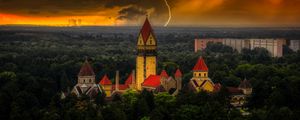 Preview wallpaper castle, forest, lightning, clouds, dark