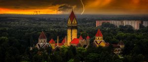 Preview wallpaper castle, forest, lightning, clouds, dark