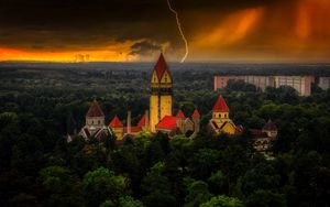 Preview wallpaper castle, forest, lightning, clouds, dark