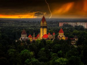 Preview wallpaper castle, forest, lightning, clouds, dark