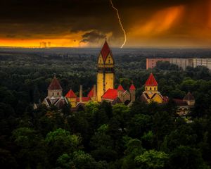 Preview wallpaper castle, forest, lightning, clouds, dark