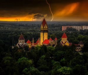 Preview wallpaper castle, forest, lightning, clouds, dark