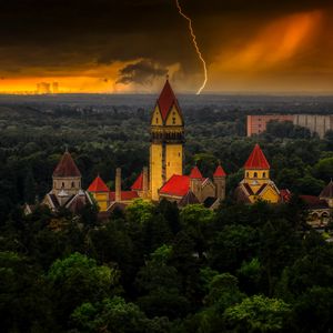 Preview wallpaper castle, forest, lightning, clouds, dark