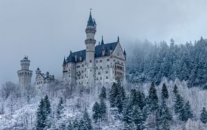 Preview wallpaper castle, forest, snow, winter, architecture