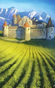 Preview wallpaper castle, fortress, field, mountains, landscape, art