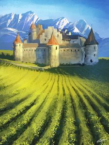 Preview wallpaper castle, fortress, field, mountains, landscape, art