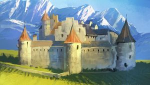 Preview wallpaper castle, fortress, field, mountains, landscape, art