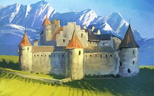 Preview wallpaper castle, fortress, field, mountains, landscape, art