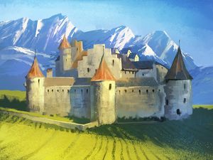 Preview wallpaper castle, fortress, field, mountains, landscape, art