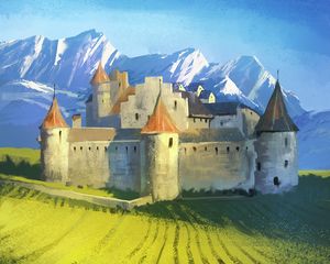 Preview wallpaper castle, fortress, field, mountains, landscape, art