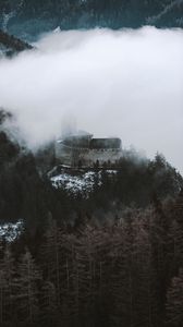 Preview wallpaper castle, fortress, hill, forest, clouds