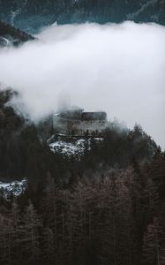 Preview wallpaper castle, fortress, hill, forest, clouds