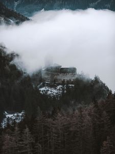 Preview wallpaper castle, fortress, hill, forest, clouds