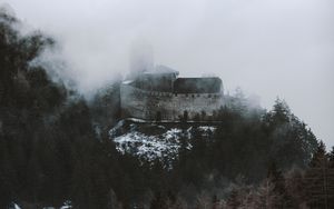 Preview wallpaper castle, fortress, hill, forest, clouds