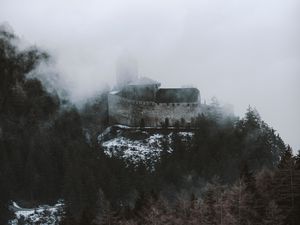 Preview wallpaper castle, fortress, hill, forest, clouds