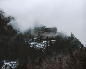 Preview wallpaper castle, fortress, hill, forest, clouds