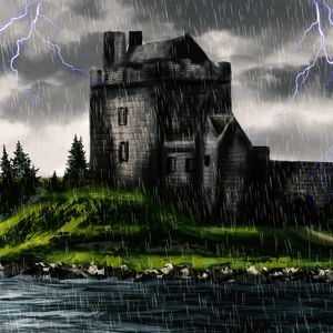 Preview wallpaper castle, gloom, rain, art