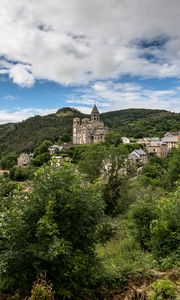 Preview wallpaper castle, hills, trees, bushes, nature