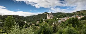 Preview wallpaper castle, hills, trees, bushes, nature