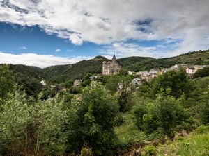 Preview wallpaper castle, hills, trees, bushes, nature
