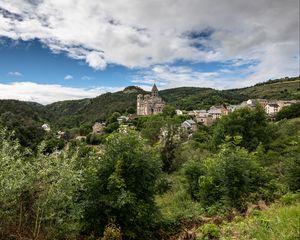 Preview wallpaper castle, hills, trees, bushes, nature