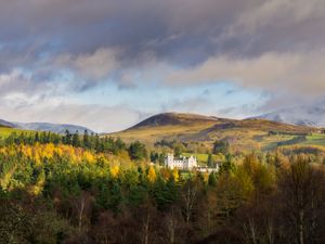 Preview wallpaper castle, hills, trees, forest, landscape