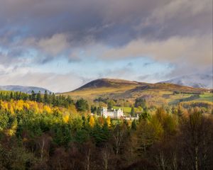 Preview wallpaper castle, hills, trees, forest, landscape