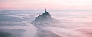 Preview wallpaper castle, island, hill, fog, aerial view