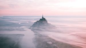 Preview wallpaper castle, island, hill, fog, aerial view