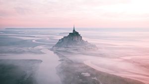 Preview wallpaper castle, island, hill, fog, aerial view