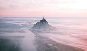Preview wallpaper castle, island, hill, fog, aerial view