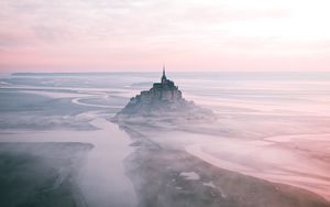 Preview wallpaper castle, island, hill, fog, aerial view