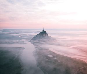 Preview wallpaper castle, island, hill, fog, aerial view
